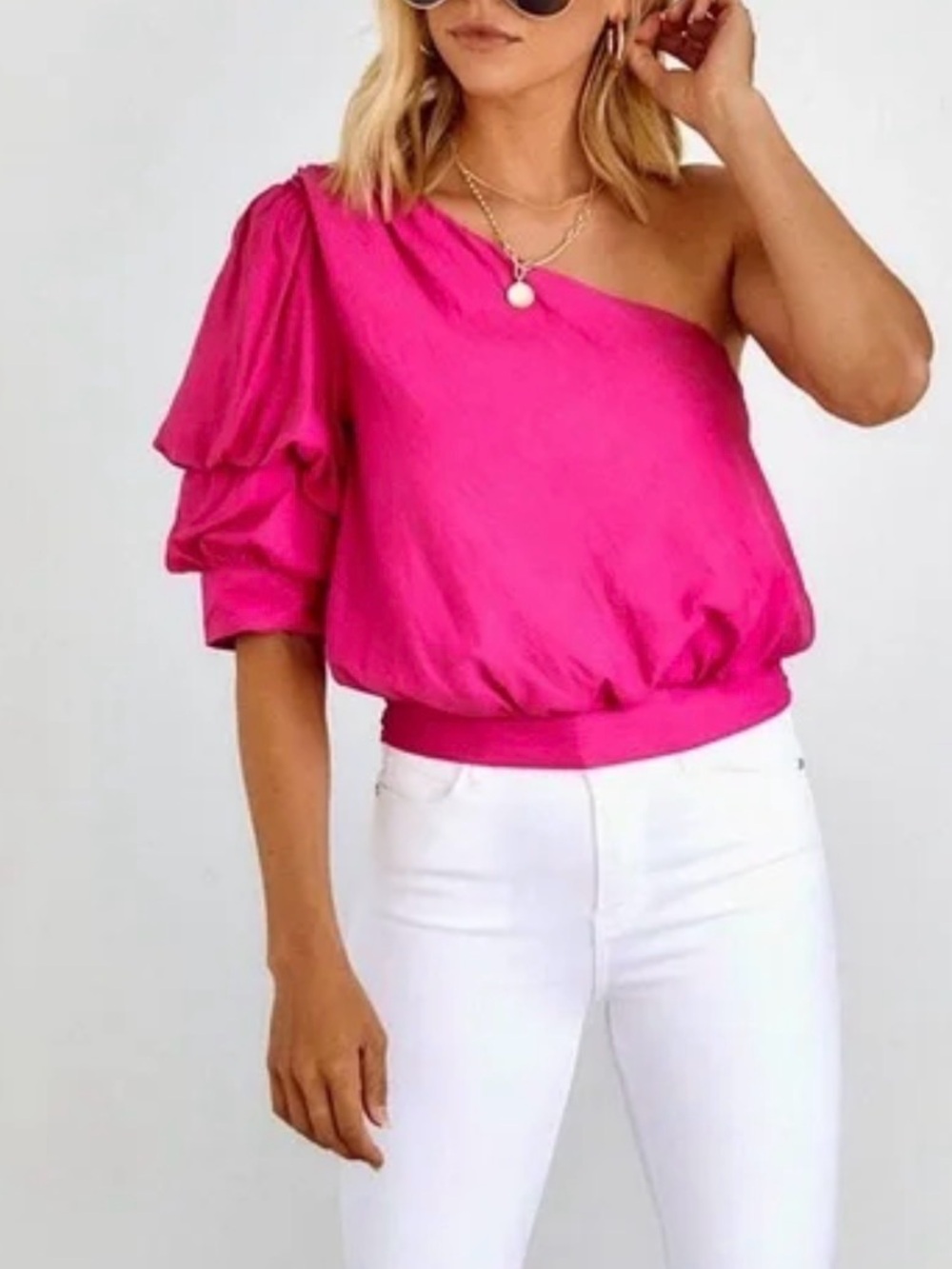 The Impeccable Pig One-Shoulder Puff Sleeve Top in Fuchsia
